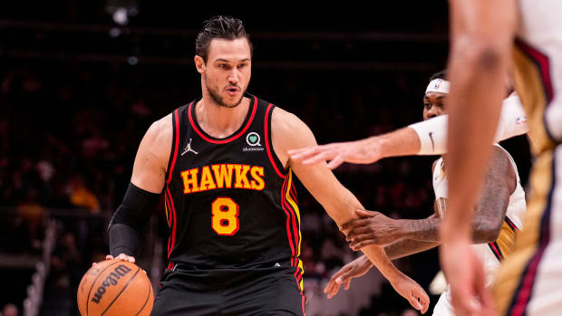 Atlanta Hawks forward Danilo Gallinari (8) dribbles the ball against the New Orleans Pelicans last season.